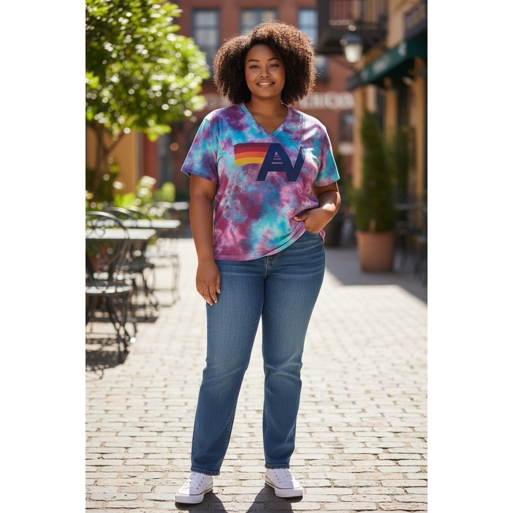 Aviator Nation Tie Dye V-Neck Cropped T-Shirt XL Rainbow Logo Raw Hem Made USA‎